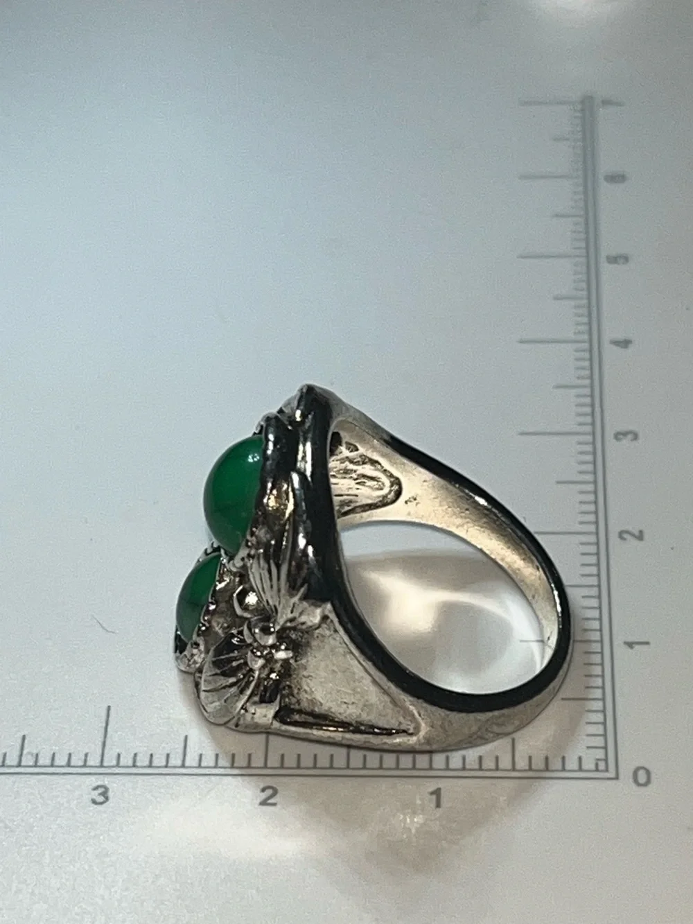 Vintage Art Nouveau Style Silver Tone Ring with Green Glass Cabochons untested
